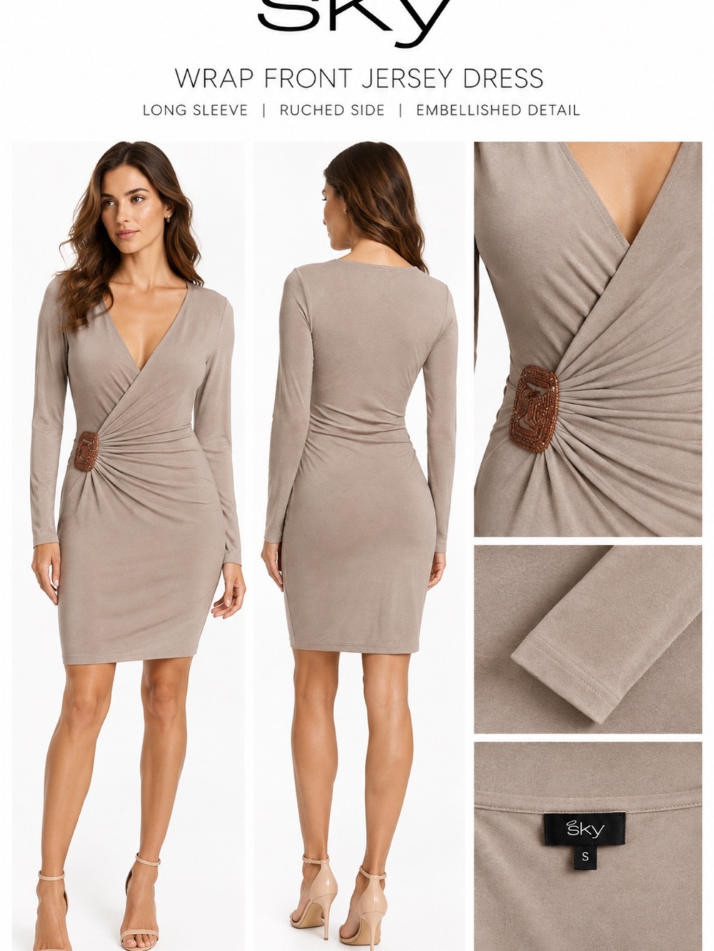 NWT SKY Ruched V Neck Mini Dress Braided Leather Waist